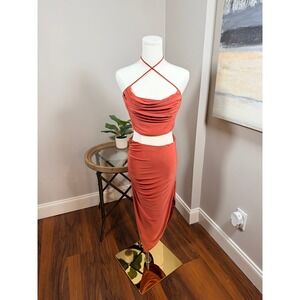 Windsor Rust Orange 2 Piece Set Cowl Neck Halter Top Ruched Midi Skirt 17369ST-S